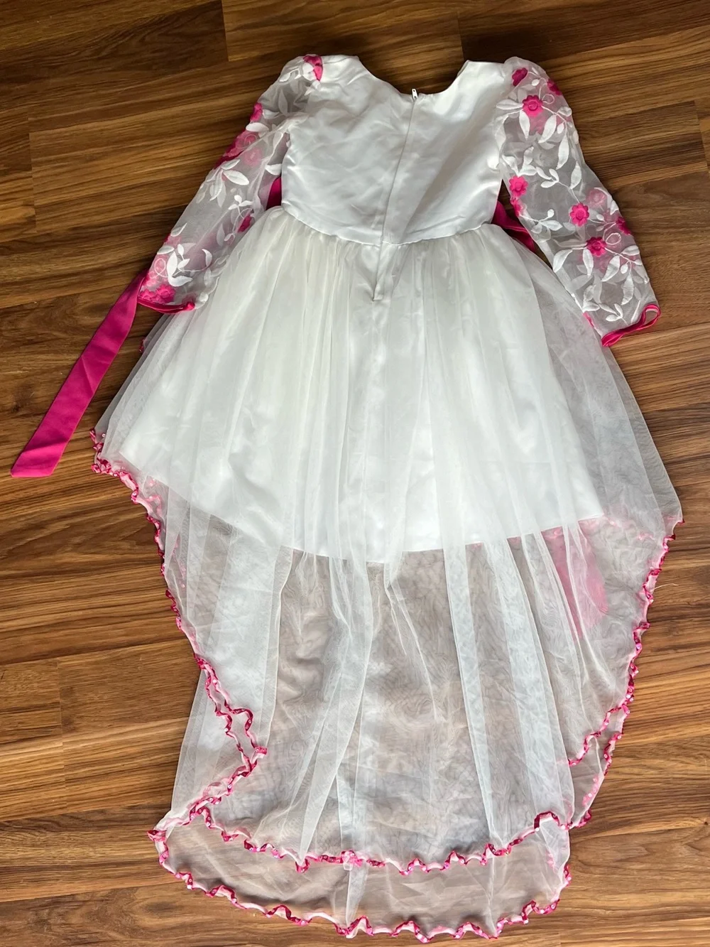 White and Hot Pink Floral Tulle High-Low Kids Costume Dress by